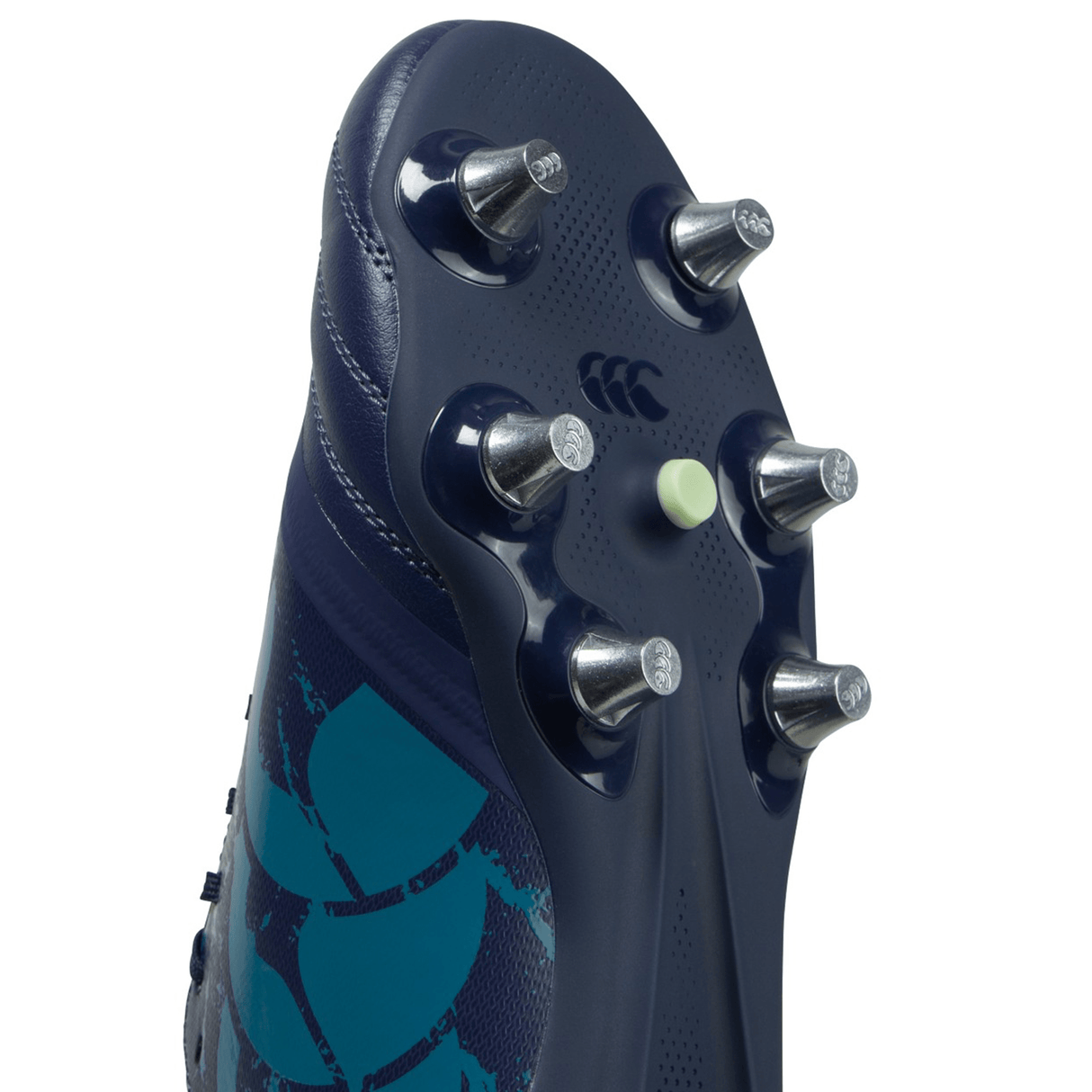 A close up of the heel of a blue Canterbury Stampede Pro SG - Medieval Blue/Blue Sapphire rugby boot, showcasing its impressive traction.