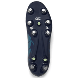 The back of a Canterbury Stampede Pro SG - Medieval Blue/Blue Sapphire rugby shoe with blue and green studs designed for optimal traction.