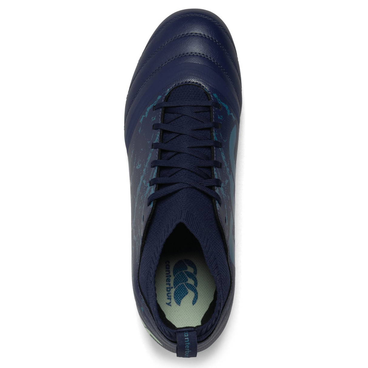 The top of a blue Canterbury Stampede Pro SG - Medieval Blue/Blue Sapphire rugby boot.