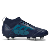 A navy blue soccer shoe with a Canterbury Stampede Pro SG - Medieval Blue/Blue Sapphire logo.