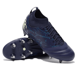 A pair of blue Canterbury rugby boots featuring the Canterbury Stampede Pro SG - Medieval Blue/Blue Sapphire with excellent traction thanks to their blue sole.