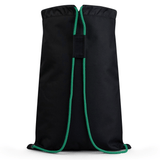 A black drawstring bag with green accents and a central black handle, the Ireland 24 Gym Sack by Canterbury combines practicality with a touch of Irish pride.