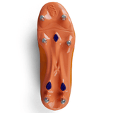 Bottom view of the Canterbury Phoenix Genesis Pro SG - Orange Crush/Amber Yellow/Mars Dust soft ground boot showing six studs for ultimate traction, including four metal screws and two ridged rubber studs.