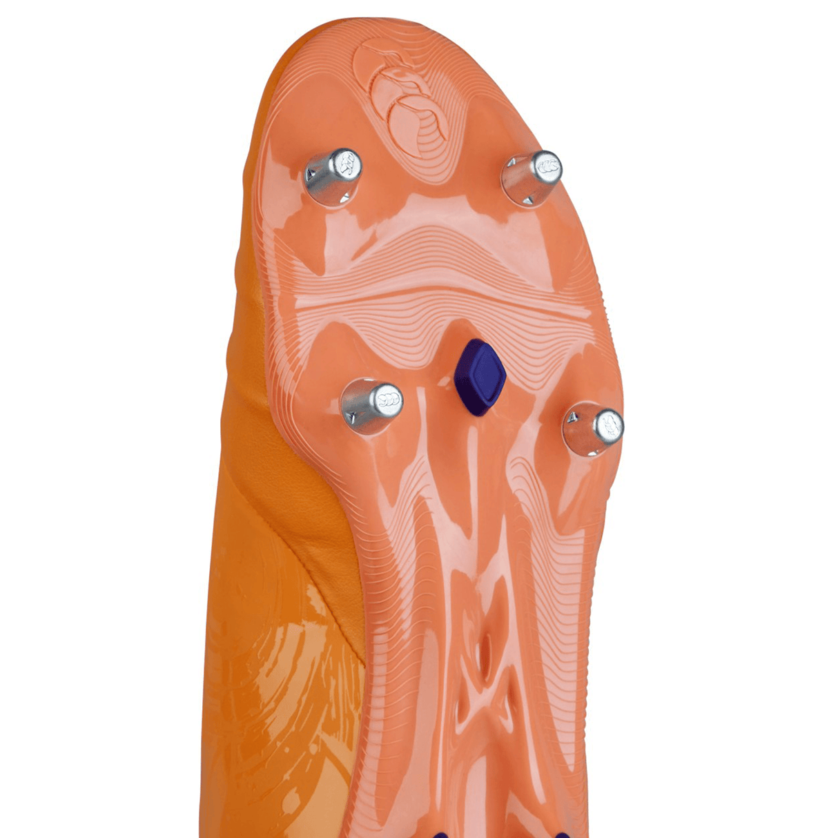 Close-up of the sole of a Canterbury Phoenix Genesis Pro SG boot in Orange Crush/Amber Yellow/Mars Dust, featuring metal studs and plastic traction elements for ultimate traction.