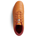 Photo of an orange Canterbury Phoenix Genesis Pro SG athletic shoe in Orange Crush/Amber Yellow/Mars Dust, featuring red lining and laces, with a white logo on the tongue and a sole designed for ultimate traction.