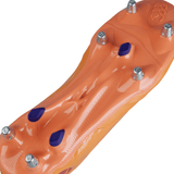 Close-up of the underside of a Canterbury Phoenix Genesis Pro SG - Orange Crush/Amber Yellow/Mars Dust, an orange sports shoe with metal cleats and blue accents designed for ultimate traction on soft ground.