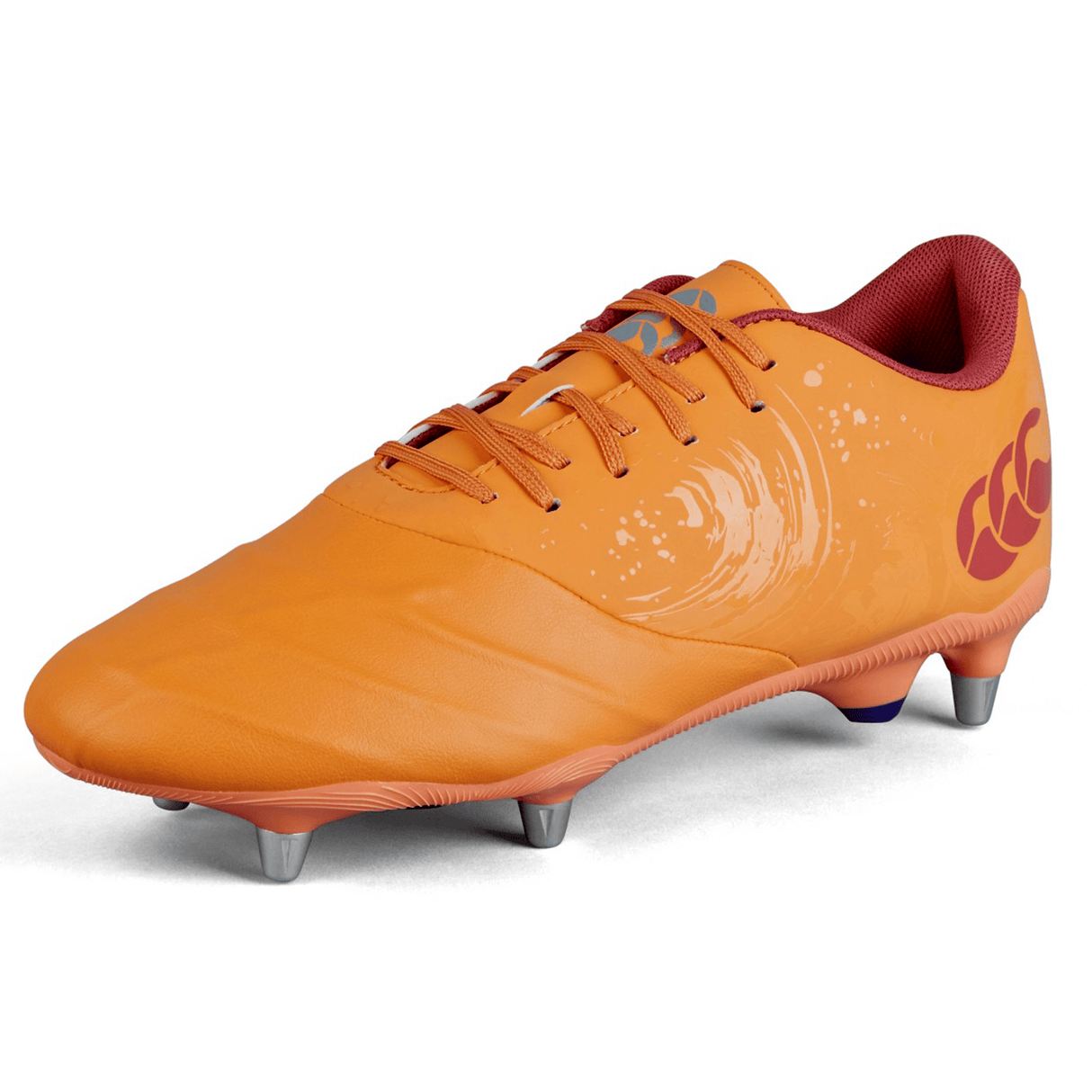 Single orange rugby cleat by Canterbury, the Phoenix Genesis Pro SG in "Orange Crush/Amber Yellow/Mars Dust," featuring metal studs for ultimate traction and a red interior lining.