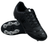 The Junior Canterbury Phoenix Genesis Team FG rugby boots by Canterbury in Black/Silver Metallic feature silver studs and a durable synthetic leather upper, with one shoe upright and the other sole-up to display the firm ground cleat pattern.