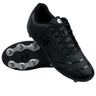 The Junior Canterbury Phoenix Genesis Team FG rugby boots by Canterbury in Black/Silver Metallic feature silver studs and a durable synthetic leather upper, with one shoe upright and the other sole-up to display the firm ground cleat pattern.