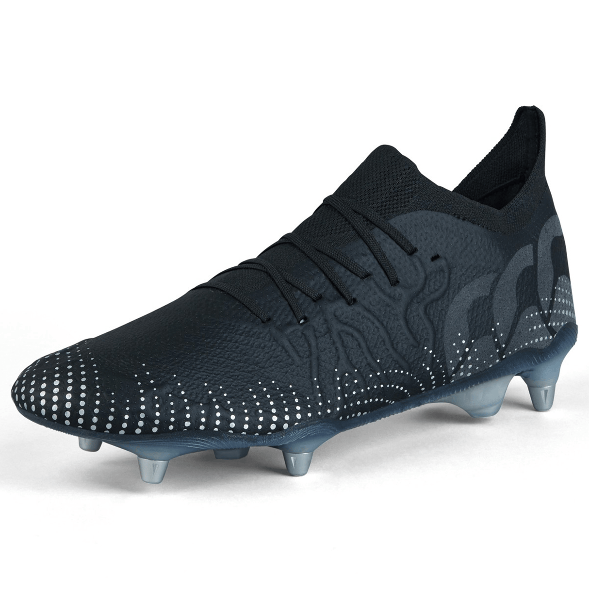 The Canterbury Speed Infinite Elite SG - Black/Silver Metallic soccer cleat, featuring white dotted accents, black laces, and conical studs on the sole, is designed for peak performance.