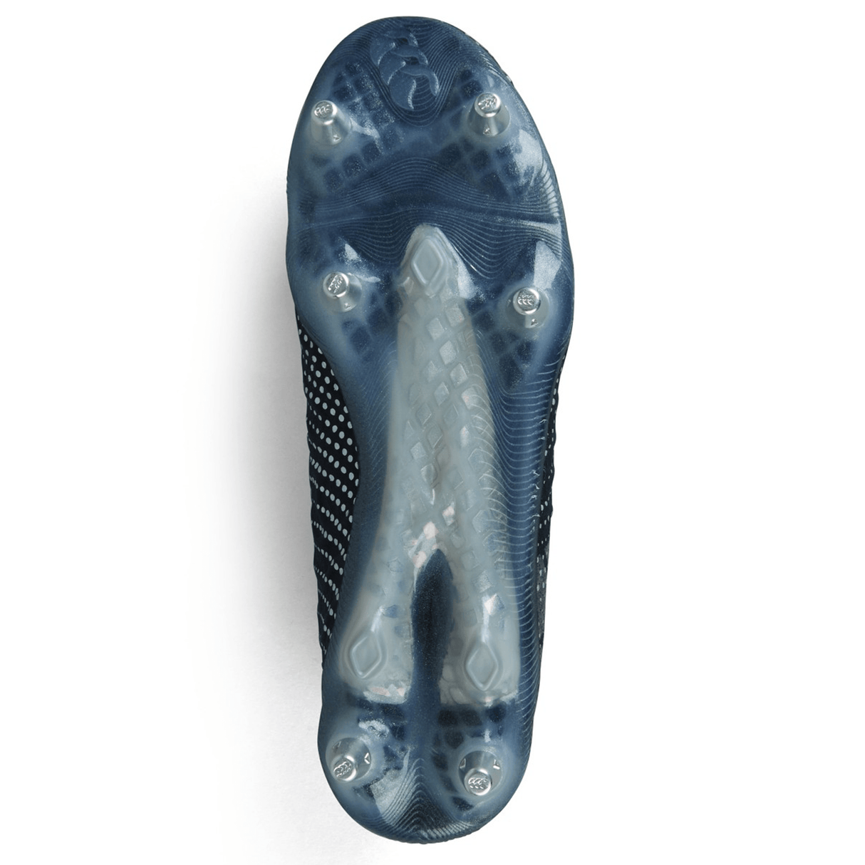 Bottom view of the Canterbury Speed Infinite Elite SG soccer cleat, showcasing a translucent sole with six strategically placed cleats for optimal traction in a refined Black/Silver Metallic design.