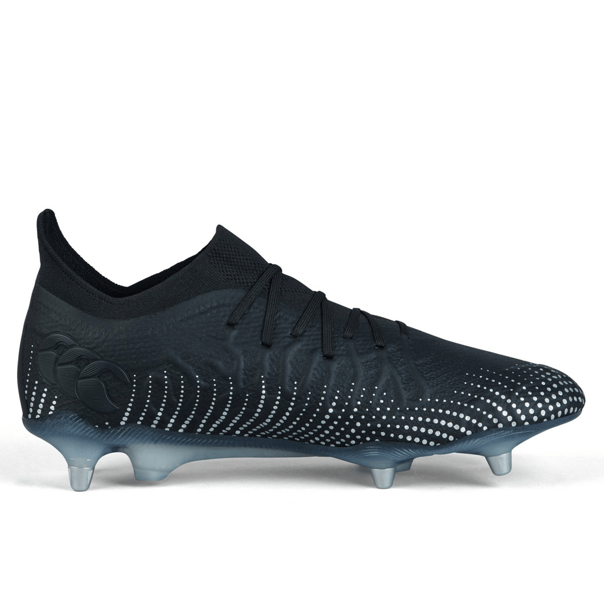 Displayed on a white background, this Canterbury Speed Infinite Elite SG edition soccer cleat features a sleek black design with white dotted patterns and a lace-up closure. The Black/Silver Metallic accents add both style and performance.