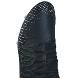 Close-up of the Canterbury Speed Infinite Elite SG - Black/Silver Metallic soccer cleat, showcasing a textured upper with a lace-up design and a dotted pattern on the toe area.