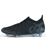 The Canterbury Speed Infinite Elite SG - Black/Silver Metallic, a pair of black soccer cleats with white dots, features studs on the sole for traction. The shoe is designed for athletic performance and is displayed against a plain white background.
