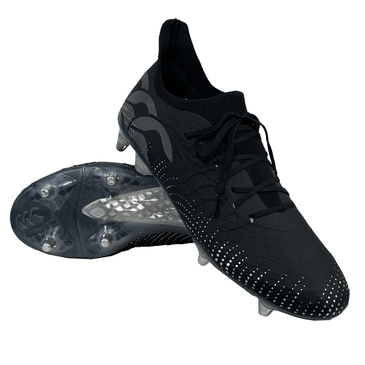 A pair of Canterbury Speed Infinite Elite SG soccer cleats in Black/Silver Metallic, showcasing advanced acceleration and a lightweight boot design, displayed on a white background.