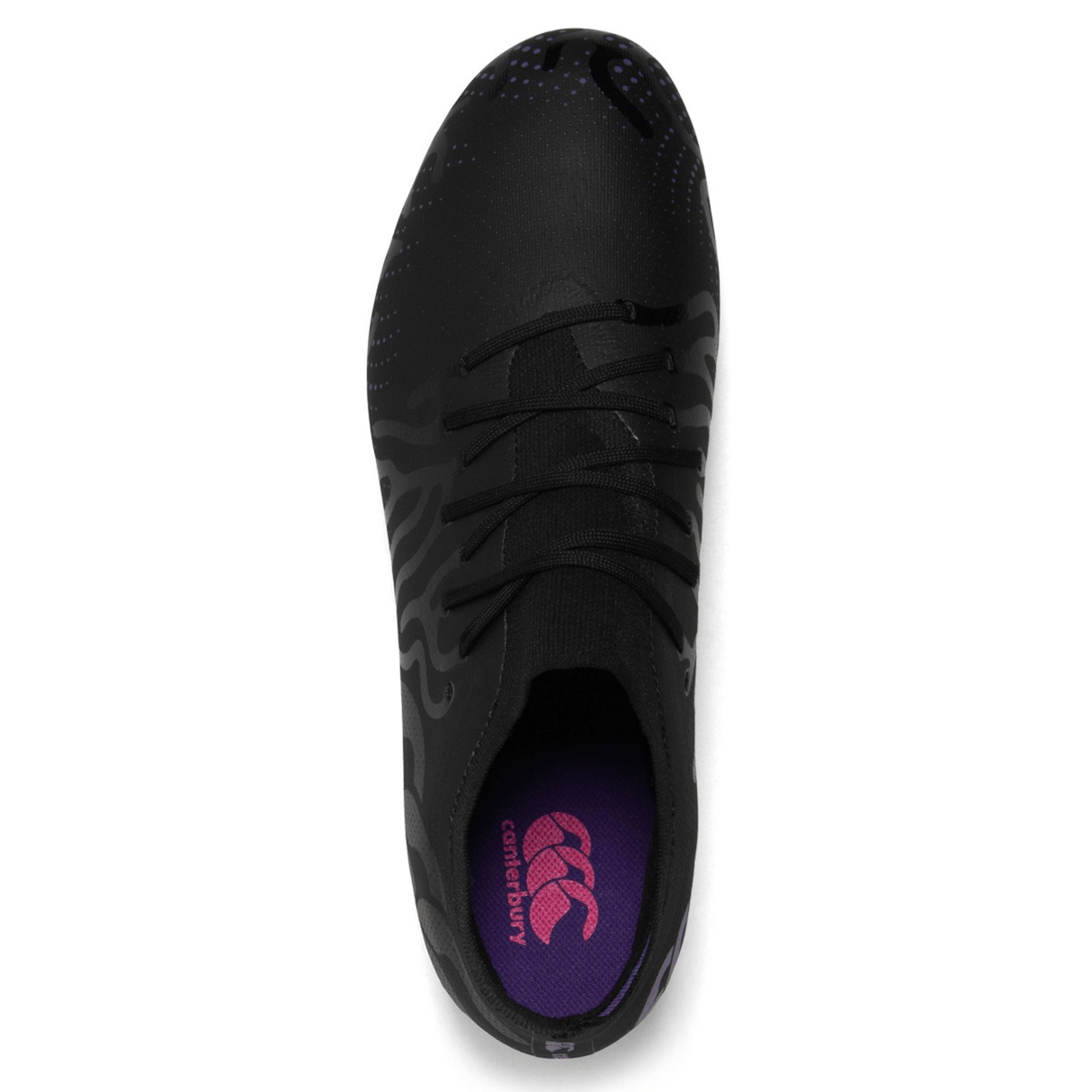 Top view of a black patterned Canterbury Speed Infinite Pro SG sports shoe with purple insole and laces, designed for kicking accuracy.