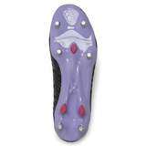 Canterbury Speed Infinite Pro SG - Black/Verbena soccer cleat sole with purple color scheme and red studs, is designed as a lightweight boot to enhance kicking accuracy.