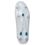 A Canterbury Speed Infinite Pro SG - White/Luminous soccer cleat sole with translucent studs, blue accents, and designed for soft-ground surfaces.