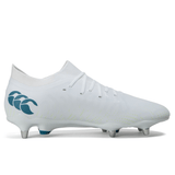 White Canterbury Speed Infinite Pro SG soccer cleat with blue logo on a white background.