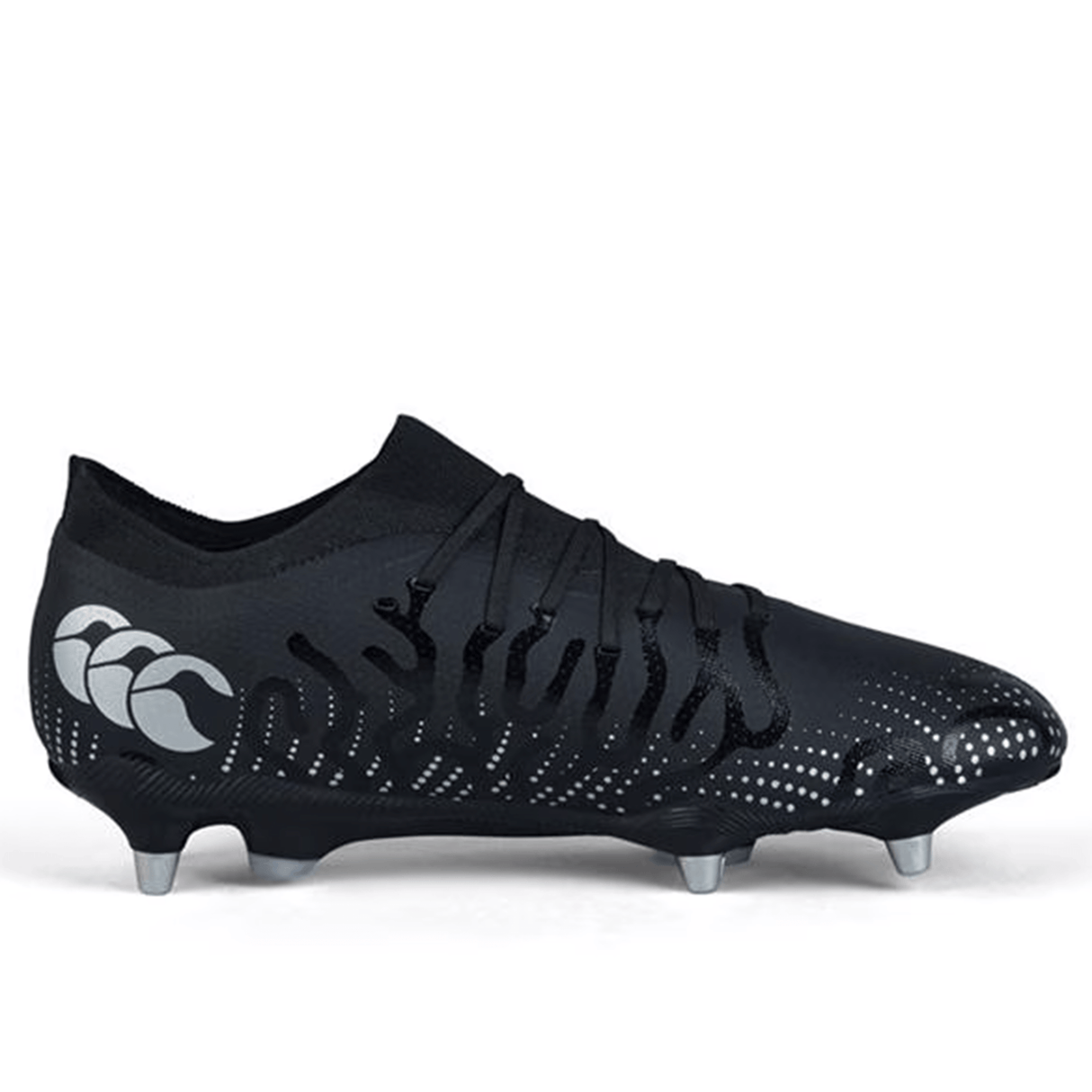 The Canterbury Speed Infinite Pro SG in Black/Silver Metallic, a rugby boot designed for playing on grass surfaces, boasts silver studs, a white logo on the heel, and lightweight construction for enhanced performance.