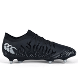 The Canterbury Speed Infinite Pro SG in Black/Silver Metallic, a rugby boot designed for playing on grass surfaces, boasts silver studs, a white logo on the heel, and lightweight construction for enhanced performance.