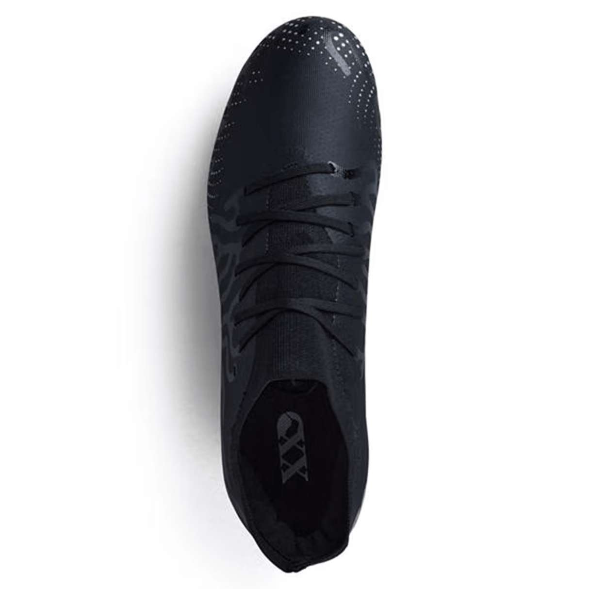 An overhead view of the Canterbury Speed Infinite Pro SG - Black/Silver Metallic by Canterbury, a black low-profile athletic shoe featuring dotted details and laces, showcasing its lightweight construction on a white background.