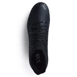 An overhead view of the Canterbury Speed Infinite Pro SG - Black/Silver Metallic by Canterbury, a black low-profile athletic shoe featuring dotted details and laces, showcasing its lightweight construction on a white background.
