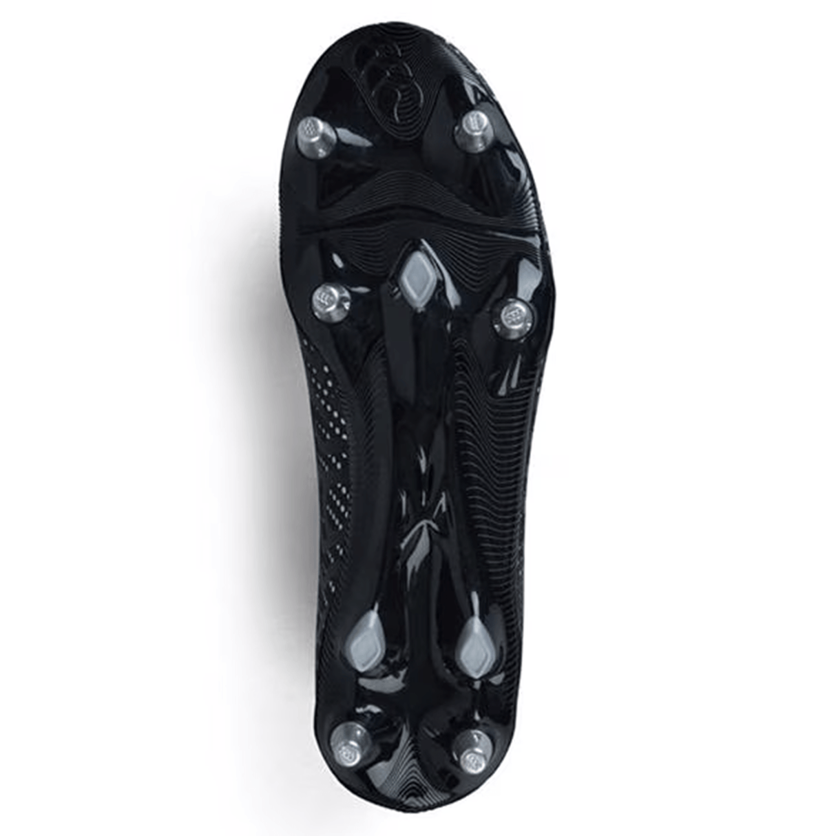 The Canterbury Speed Infinite Pro SG in Black/Silver Metallic features a black sole with six metal studs, viewed from the bottom to highlight its lightweight construction.