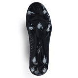 The Canterbury Speed Infinite Pro SG in Black/Silver Metallic features a black sole with six metal studs, viewed from the bottom to highlight its lightweight construction.