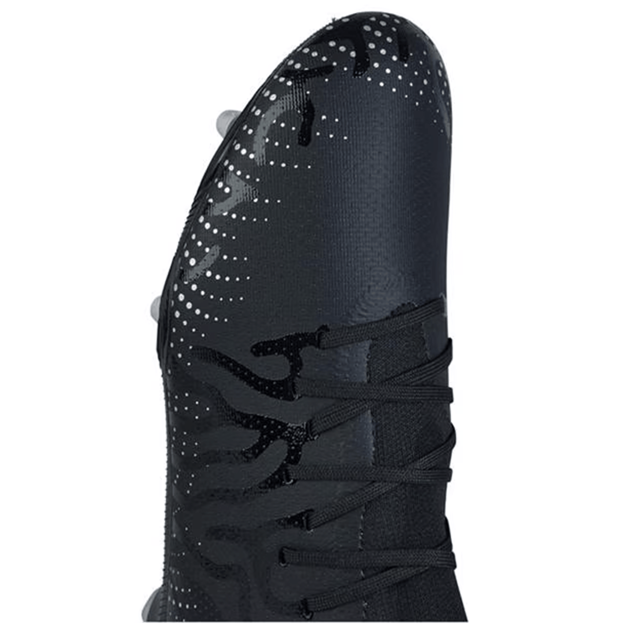 Close-up image of a black Canterbury Speed Infinite Pro SG soccer cleat with a dotted pattern and crisscross laces, featuring lightweight construction and metallic silver accents.