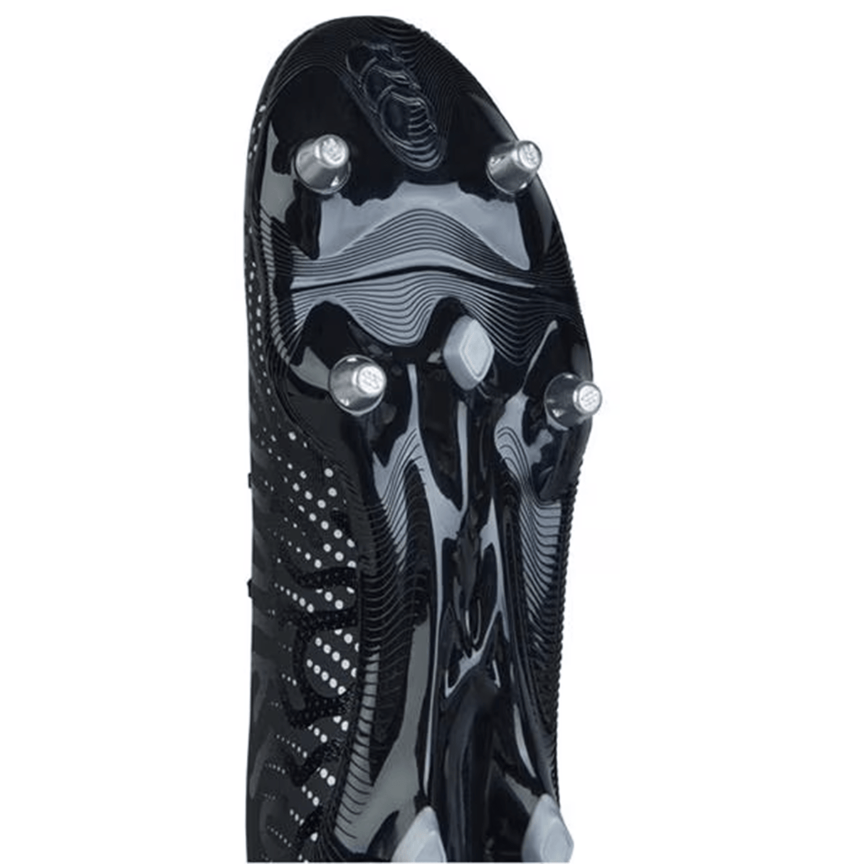 Close-up view of the sole of the black Canterbury Speed Infinite Pro SG soccer cleat in Black/Silver Metallic, showcasing metallic studs, textured design patterns, and lightweight construction.
