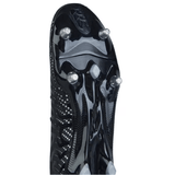 Close-up view of the sole of the black Canterbury Speed Infinite Pro SG soccer cleat in Black/Silver Metallic, showcasing metallic studs, textured design patterns, and lightweight construction.