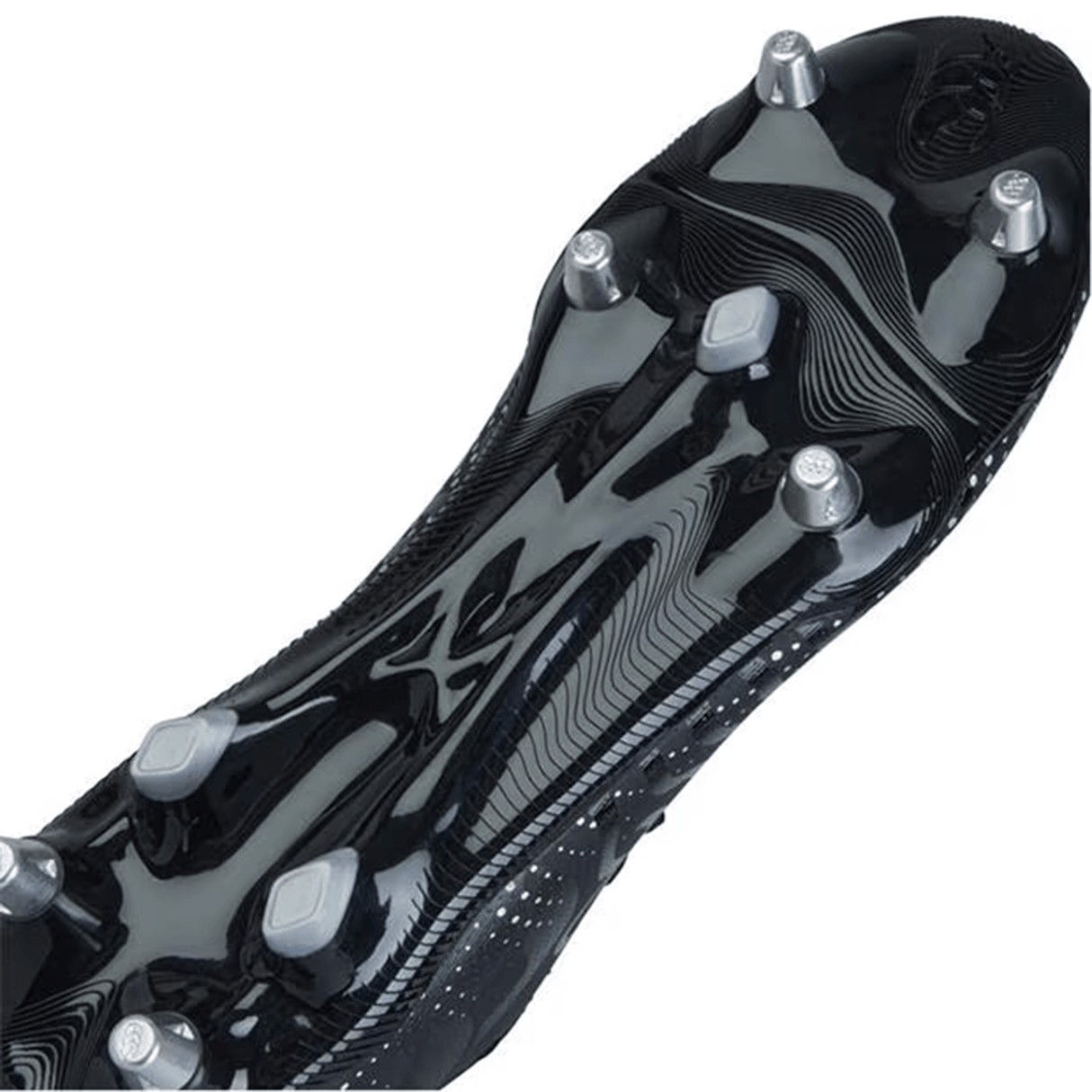 Close-up view of the bottom of a black Canterbury Speed Infinite Pro SG rugby boot in Black/Silver Metallic, featuring metal studs for traction on the field and lightweight construction.