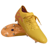 These amber yellow soccer cleats by Canterbury, perfect for swift backs, feature orange crush designs and metal studs, echoing the Speed Infinite Pro SG design with a timeless lace-up style.