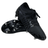 A pair of Canterbury Speed Infinite Team SG soccer cleats in Black/Silver Metallic, with one positioned sole up to display the metal studs and lightweight construction.