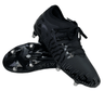 A pair of Canterbury Speed Infinite Team SG soccer cleats in Black/Silver Metallic, with one positioned sole up to display the metal studs and lightweight construction.