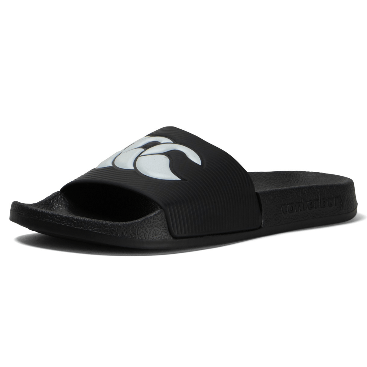 The Canterbury Wide Fit Slide - Black features a white logo on the strap and is designed for all-day comfort. The brand name "Canterbury" is embossed on the sole near the heel, making these ideal shower slides.