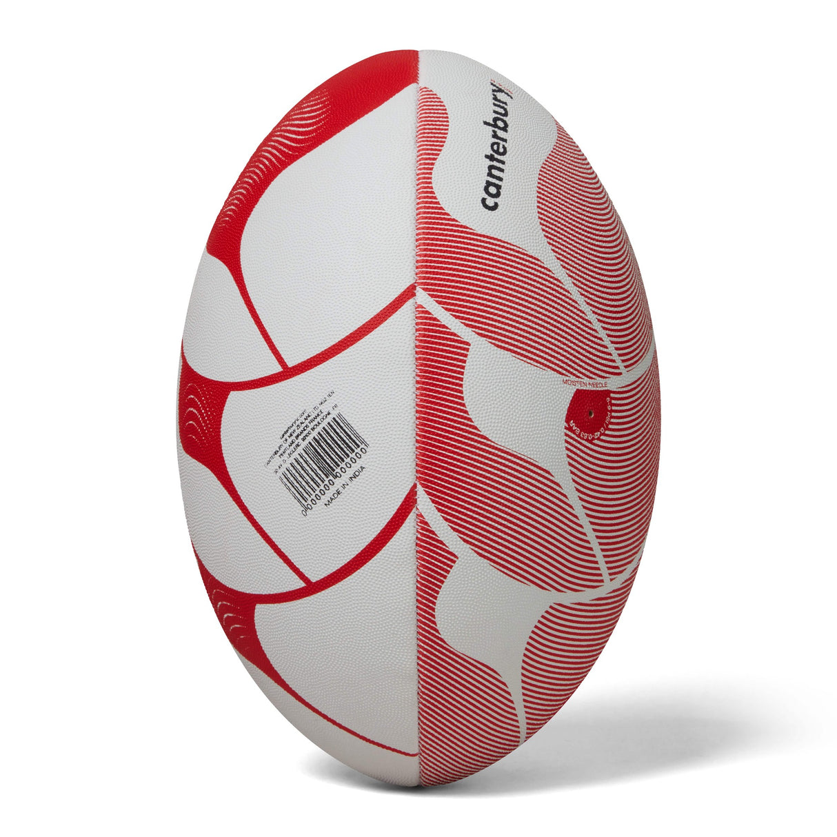 A Canterbury Thrillseeker Play rugby ball with a red and white design on a white background.