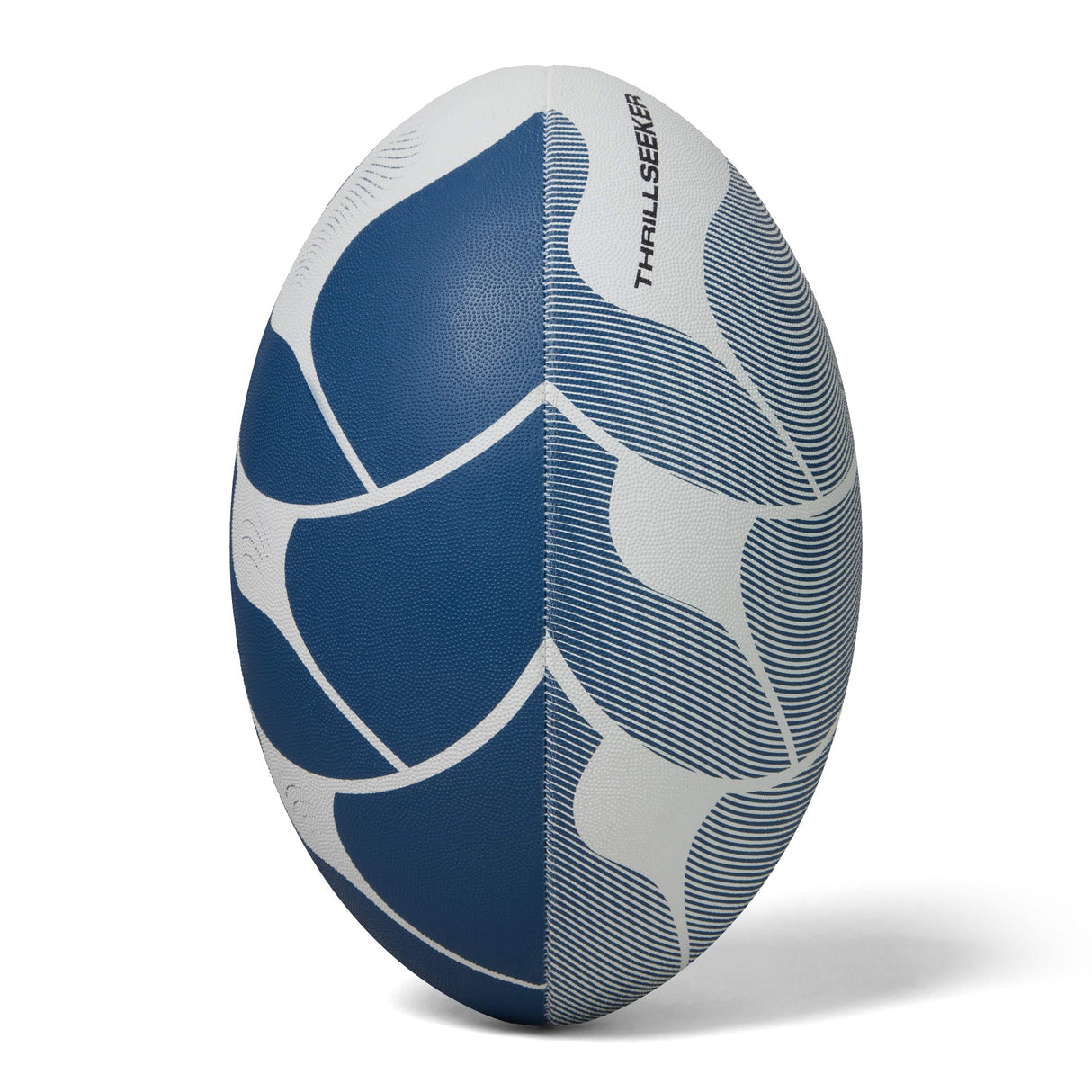 A blue and white Canterbury Thrillseeker Play Rugby Ball isolated on a white background.