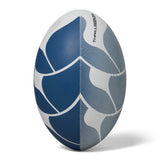 A blue and white Canterbury Thrillseeker Play Rugby Ball isolated on a white background.