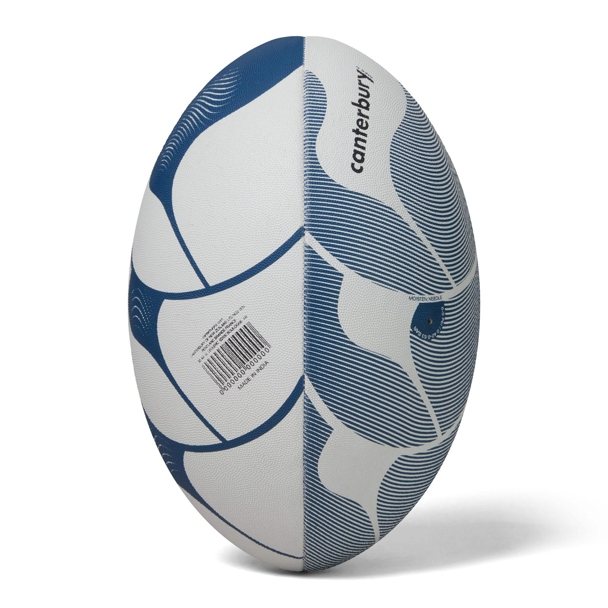 A Canterbury Thrillseeker Play rugby ball with a blue and white design on a white background.