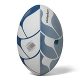 A Canterbury Thrillseeker Play rugby ball with a blue and white design on a white background.