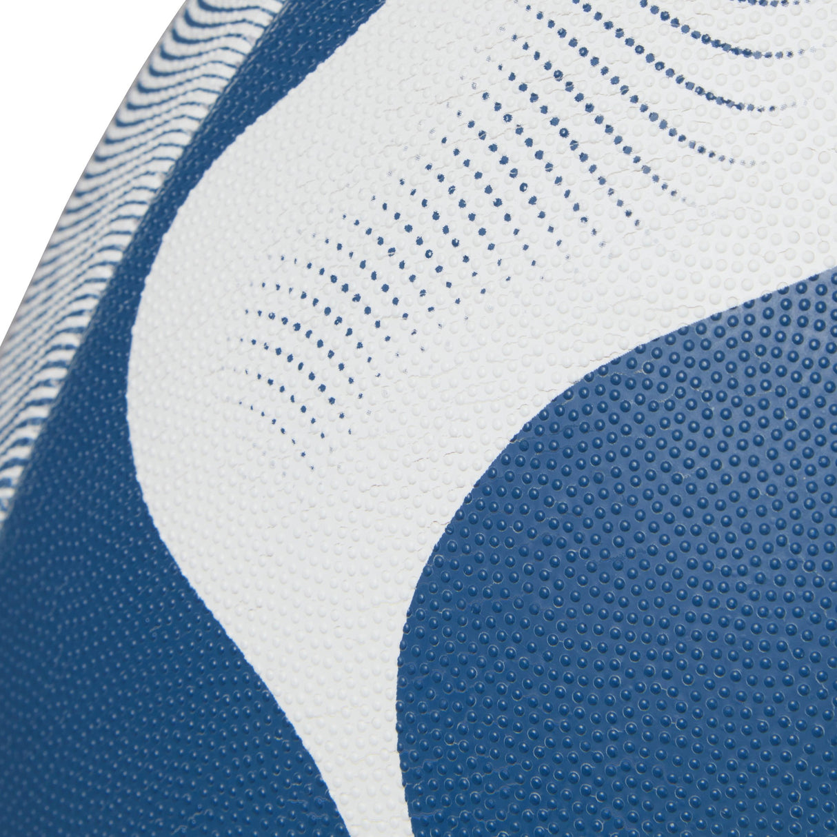 Close-up of a textured blue and white Canterbury Thrillseeker Play Rugby Ball.