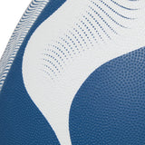 Close-up of a textured blue and white Canterbury Thrillseeker Play Rugby Ball.
