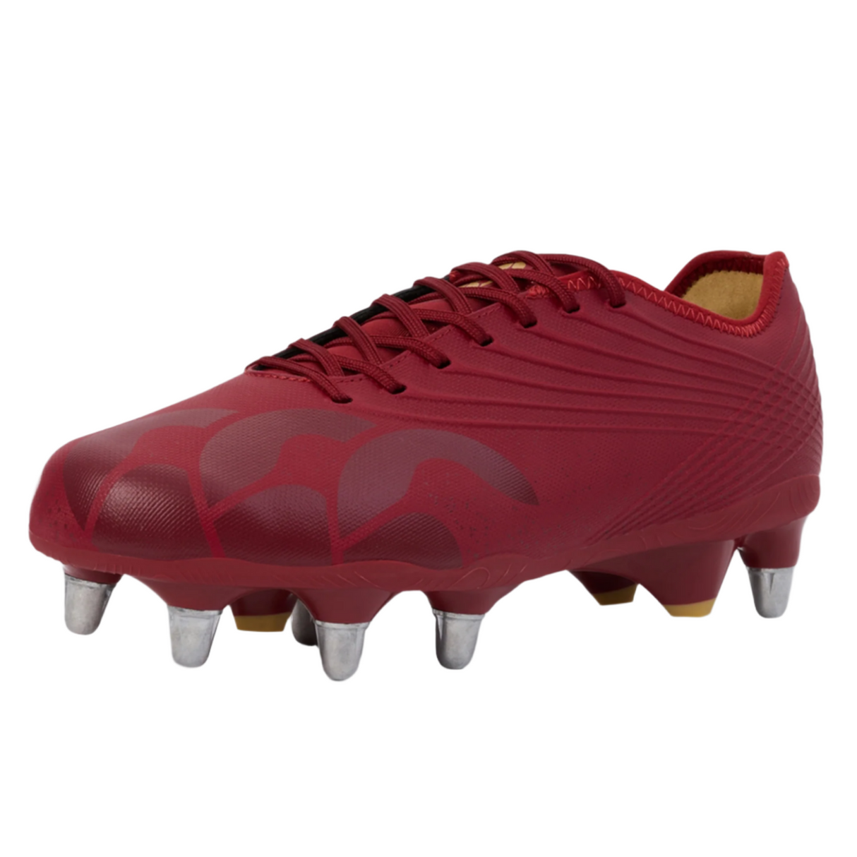 The Canterbury Stampede Groundbreak Pro SG - Red Dahlia rugby boot, featuring metallic studs, patterned detailing, and laces, is shown on a white background—a top soft ground choice for serious players.
