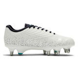 The Canterbury Stampede Groundbreak Pro SG AU-WHITE/BALTIC GREEN by Canterbury features a white upper with black laces, a subtle black dot pattern, and metal studs on the sole—perfect for players who want the enhanced grip of soft ground rugby boots—shown against a white background.