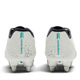 Rear view of two white Canterbury Stampede Groundbreak Pro SG AU rugby boots with metal studs, showcasing the Canterbury logo and brand name in Baltic Green on the heel area.