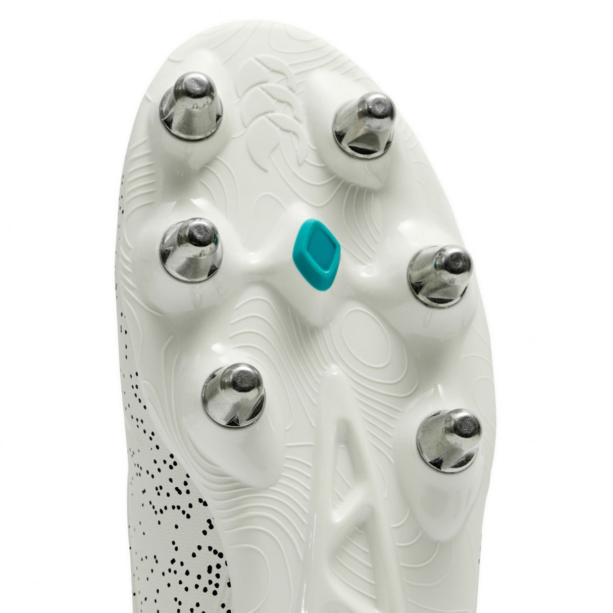 Close-up of the white sole of the Canterbury Stampede Groundbreak Pro SG AU-WHITE/BALTIC GREEN rugby boot by Canterbury, featuring six metallic studs and a small Baltic green detail in the center.