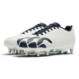 A pair of Canterbury Stampede Groundbreak Team SG AU-WHITE/BALTIC GREEN rugby boots with black laces, a Baltic Green wave graphic, and metal studs on the soles—these soft ground boots are designed by Canterbury for maximum grip and stability, making them ideal for powerful forwards. Shown on a plain background.