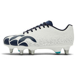 The Canterbury Stampede Groundbreak Team SG AU-WHITE/BALTIC GREEN rugby boot features a white and baltic green design with silver studs, a wave-like graphic on the side, and speckled detailing across the midsection.
